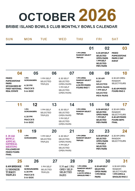 Bribie Bowls Club Calender